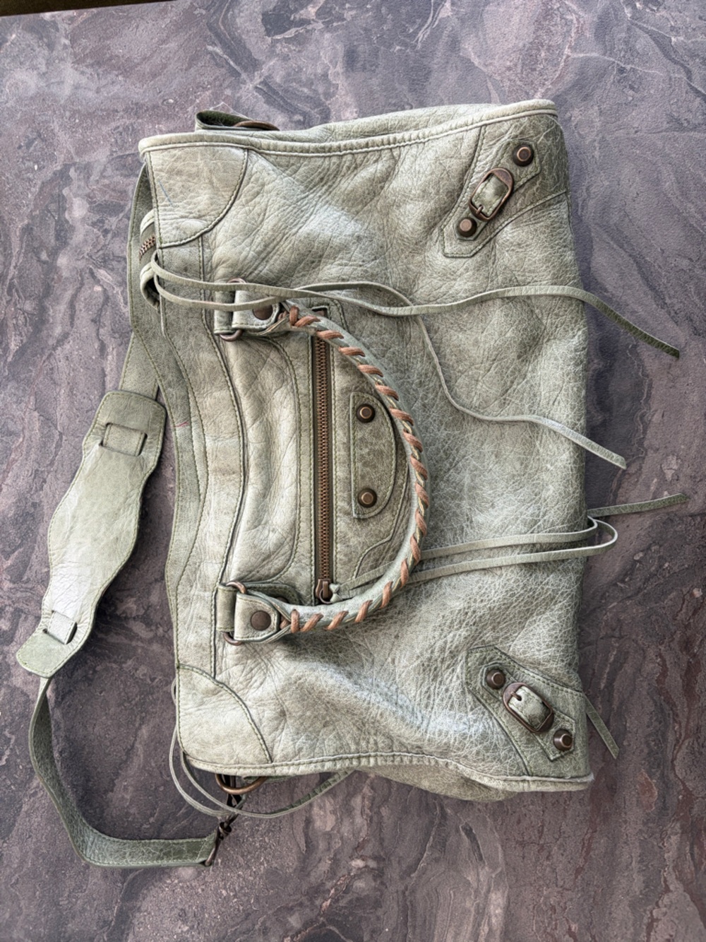 Balenciaga Olive Green Textured Leather Shoulder Tote with Front Zip
